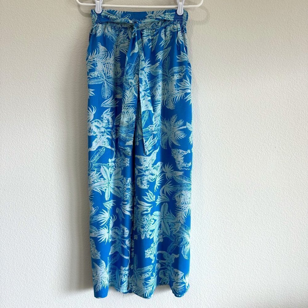 Angie Blue Tropical Print Wide Leg Palazzo Pants